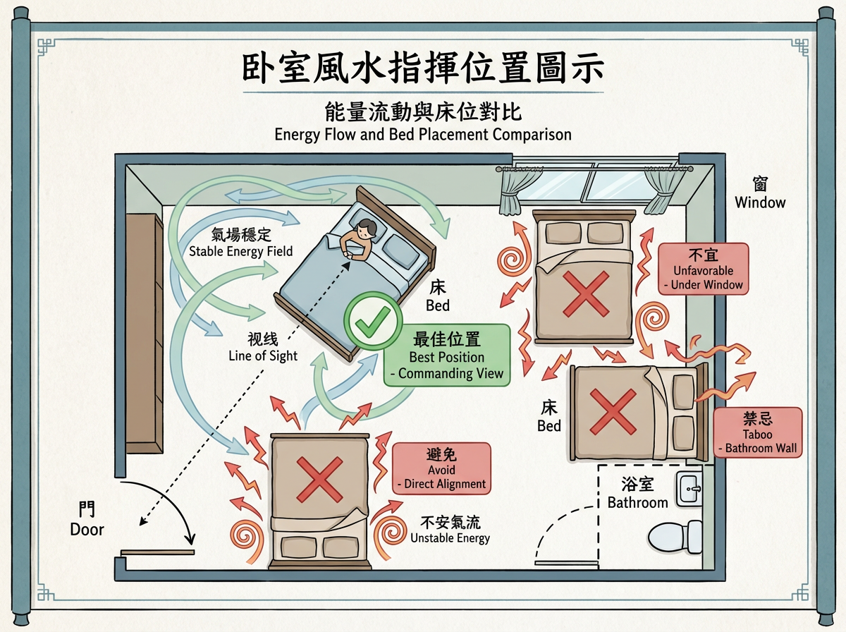 臥室風水指揮位示意圖 - 床位最佳擺放位置與能量穩定區域