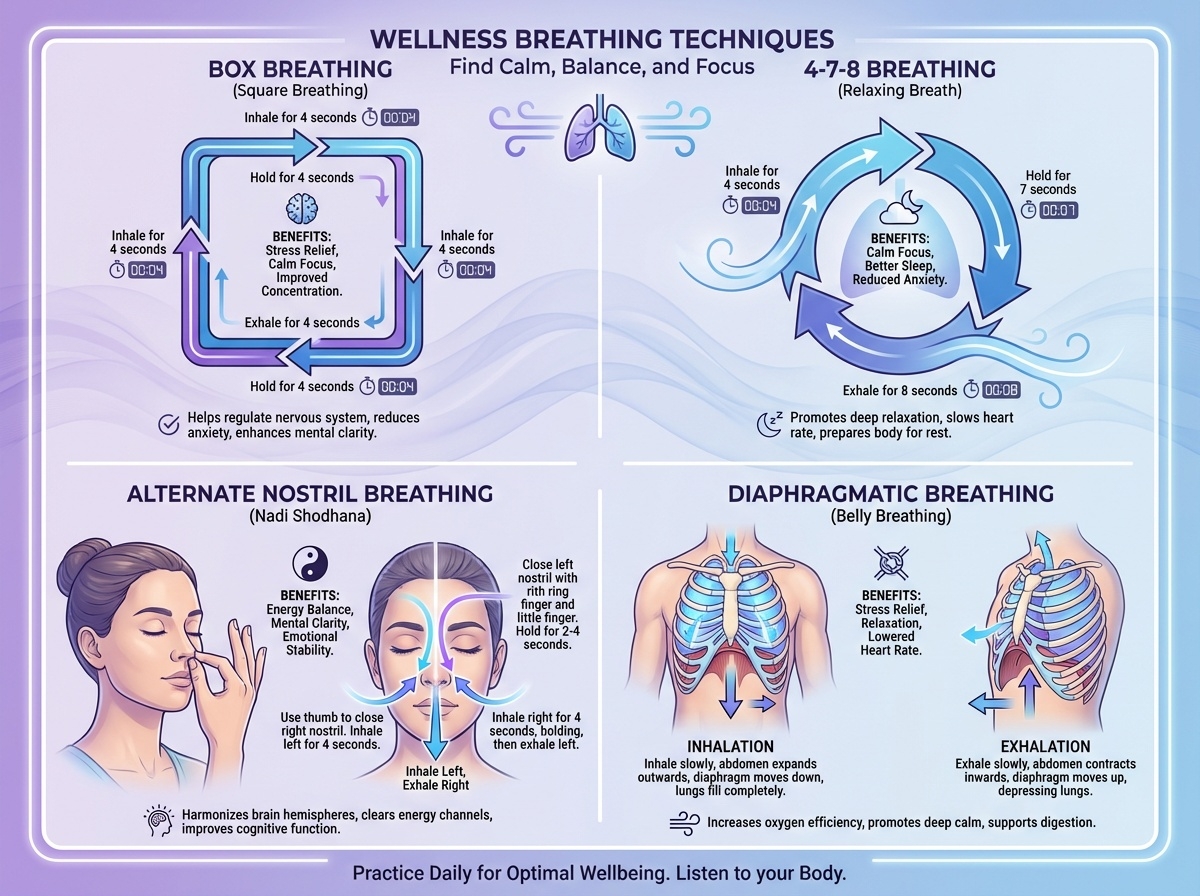 Breathing techniques guide showing four methods: Box Breathing, 4-7-8 Breathing, Alternate Nostril Breathing, Diaphragmatic Breathing with English instructions
