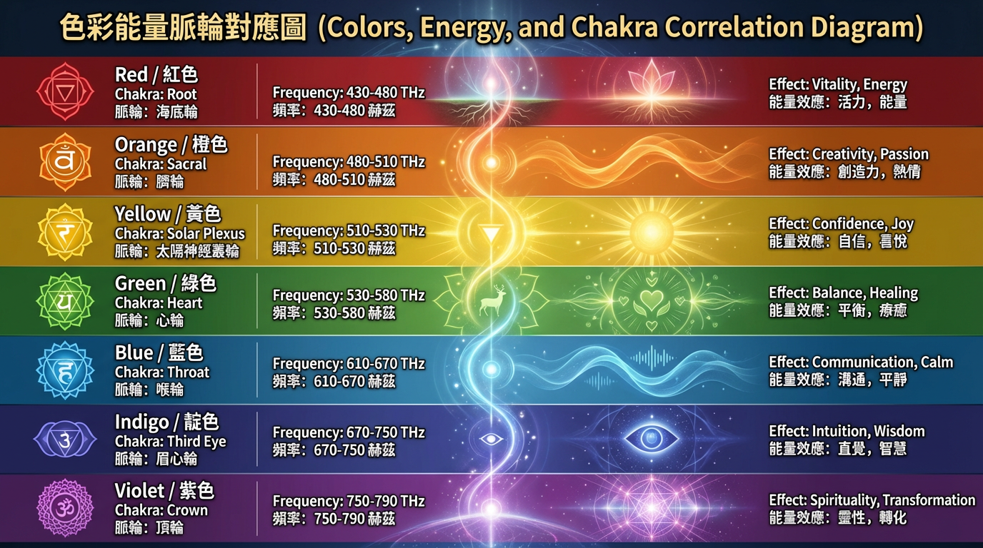 色彩能量脈輪對應圖 - 七個脈輪與顏色頻率的科學關聯