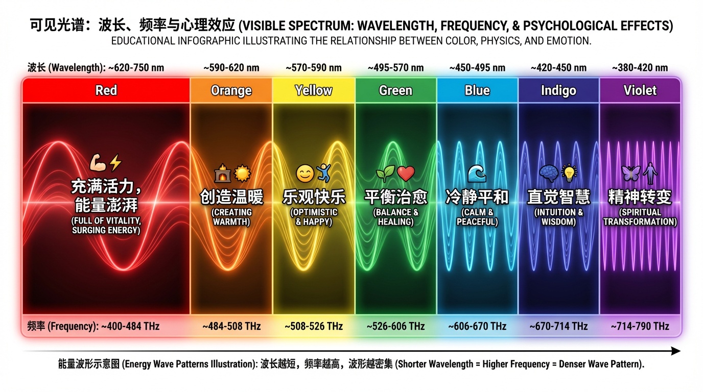 不同色彩的振動頻率光譜圖 - 展示色彩能量如何影響空間磁場