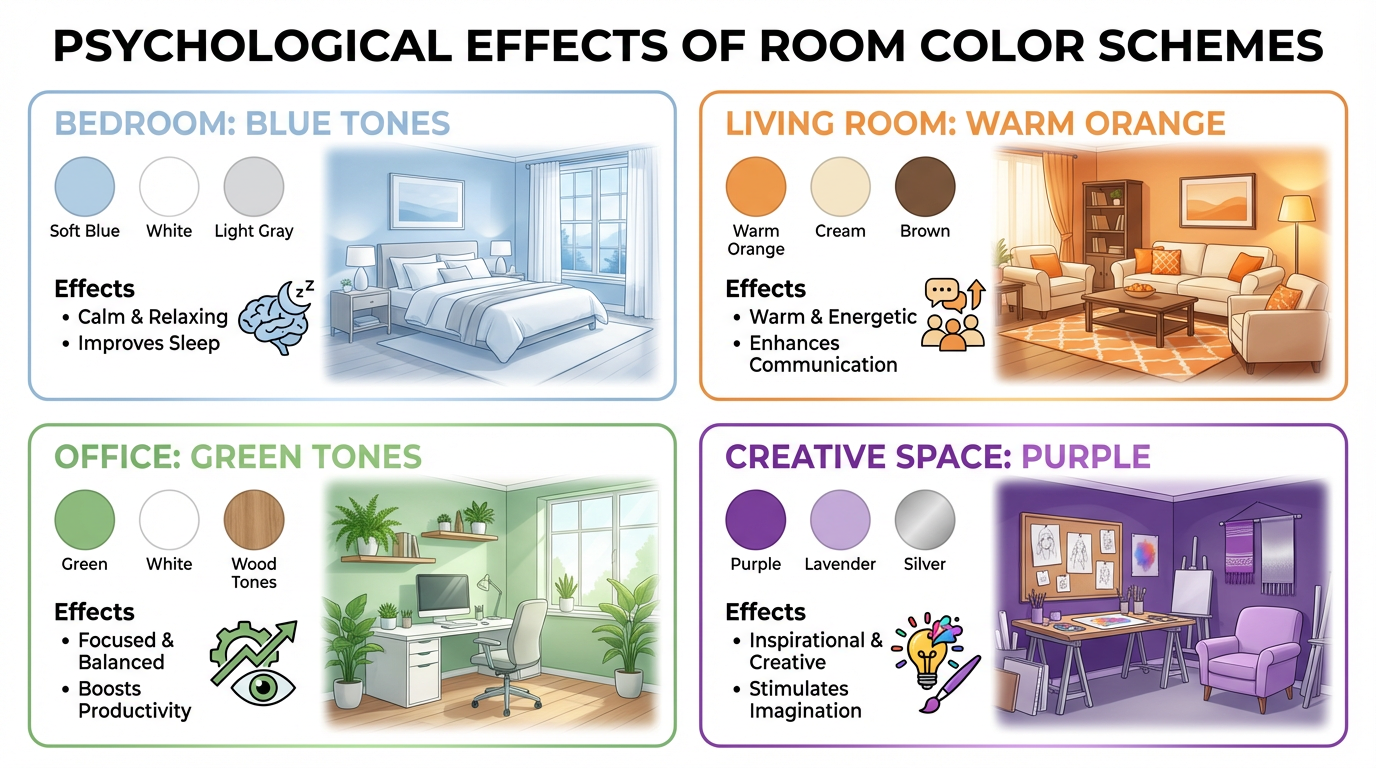 不同空間的色彩配置與情緒效果示意圖
