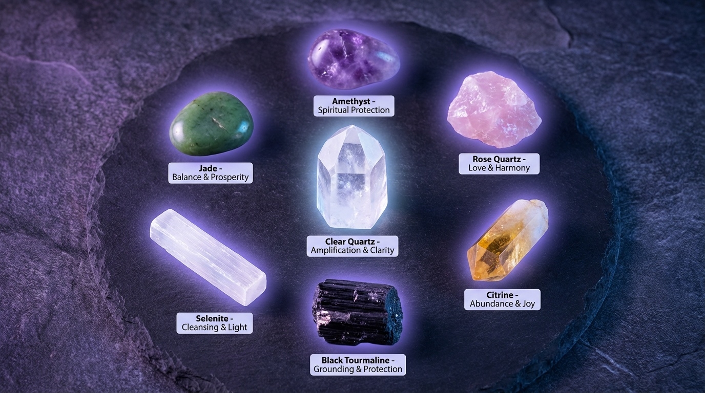 Crystal healing tools display - Clear Quartz, Amethyst, Rose Quartz, Citrine, Black Tourmaline, Selenite, Jade with English property labels