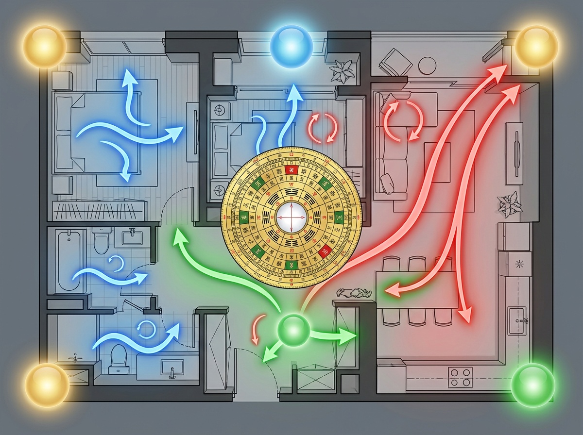 風水能量場流動示意圖 - 展示居家空間中氣的流動路徑和能量聚集點
