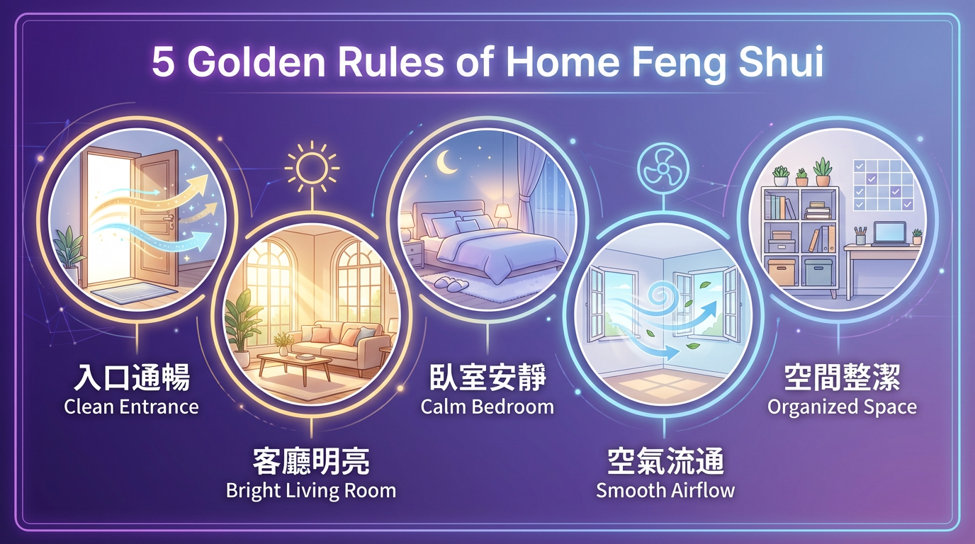 居家風水五大黃金法則 - 入口通暢、客廳明亮、臥室安靜、空氣流通、空間整潔