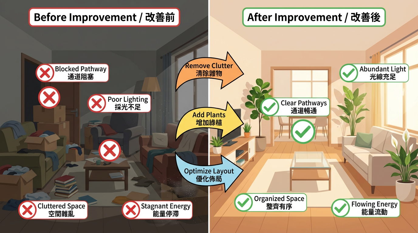 運用量子原理改善居家風水的實際案例 - 客廳空間優化前後對比