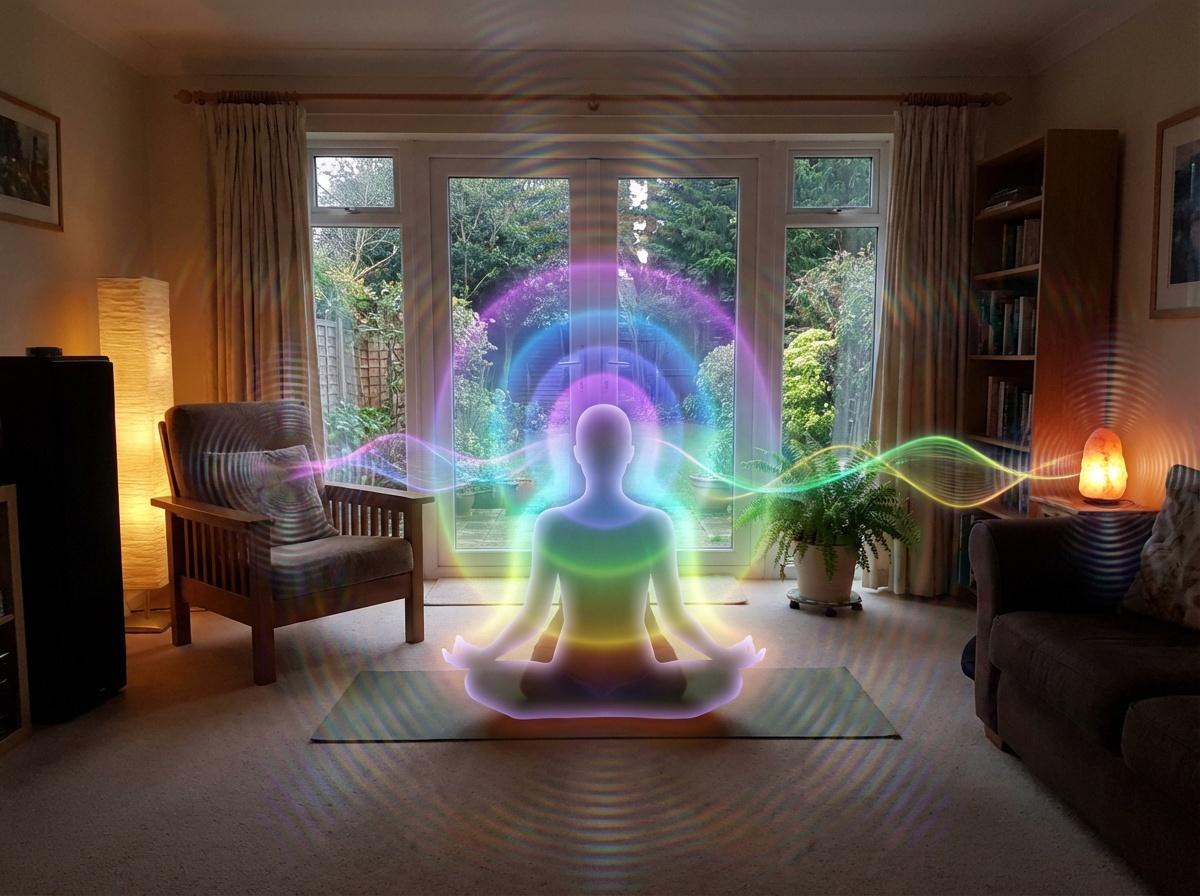 人體生物電場與環境能量交互作用示意圖 - 展示人與空間的量子共振關係