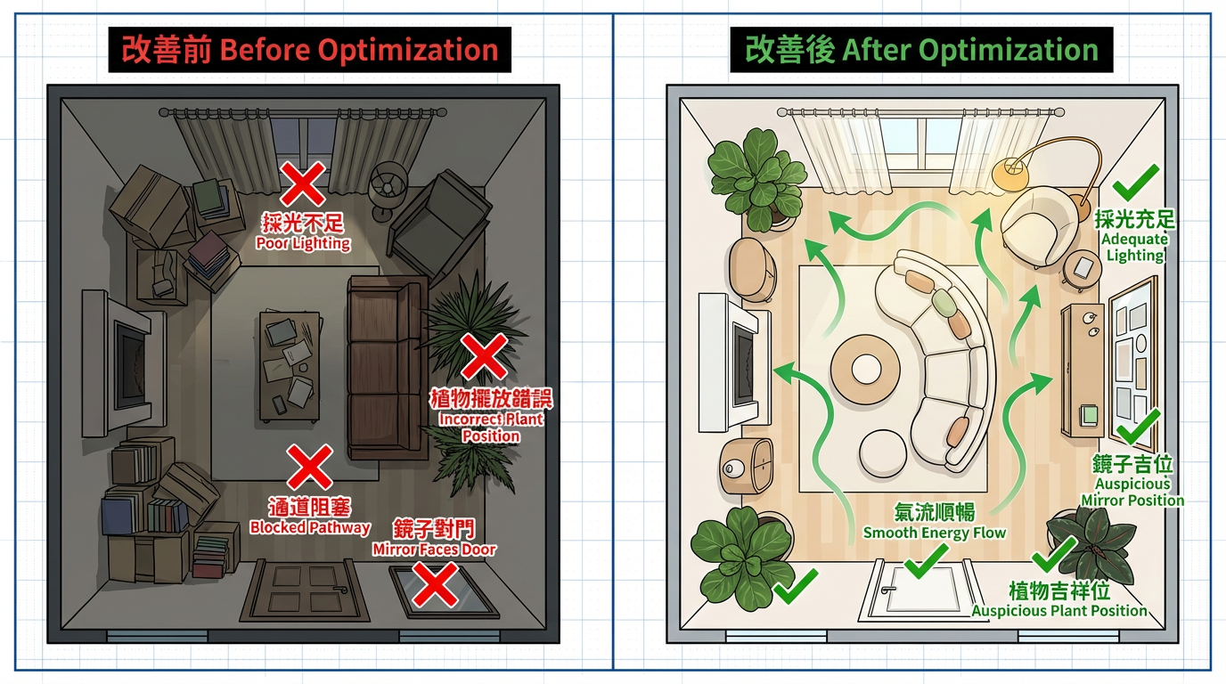 客廳風水改善前後對比 - 氣流順暢、採光充足的專業布局