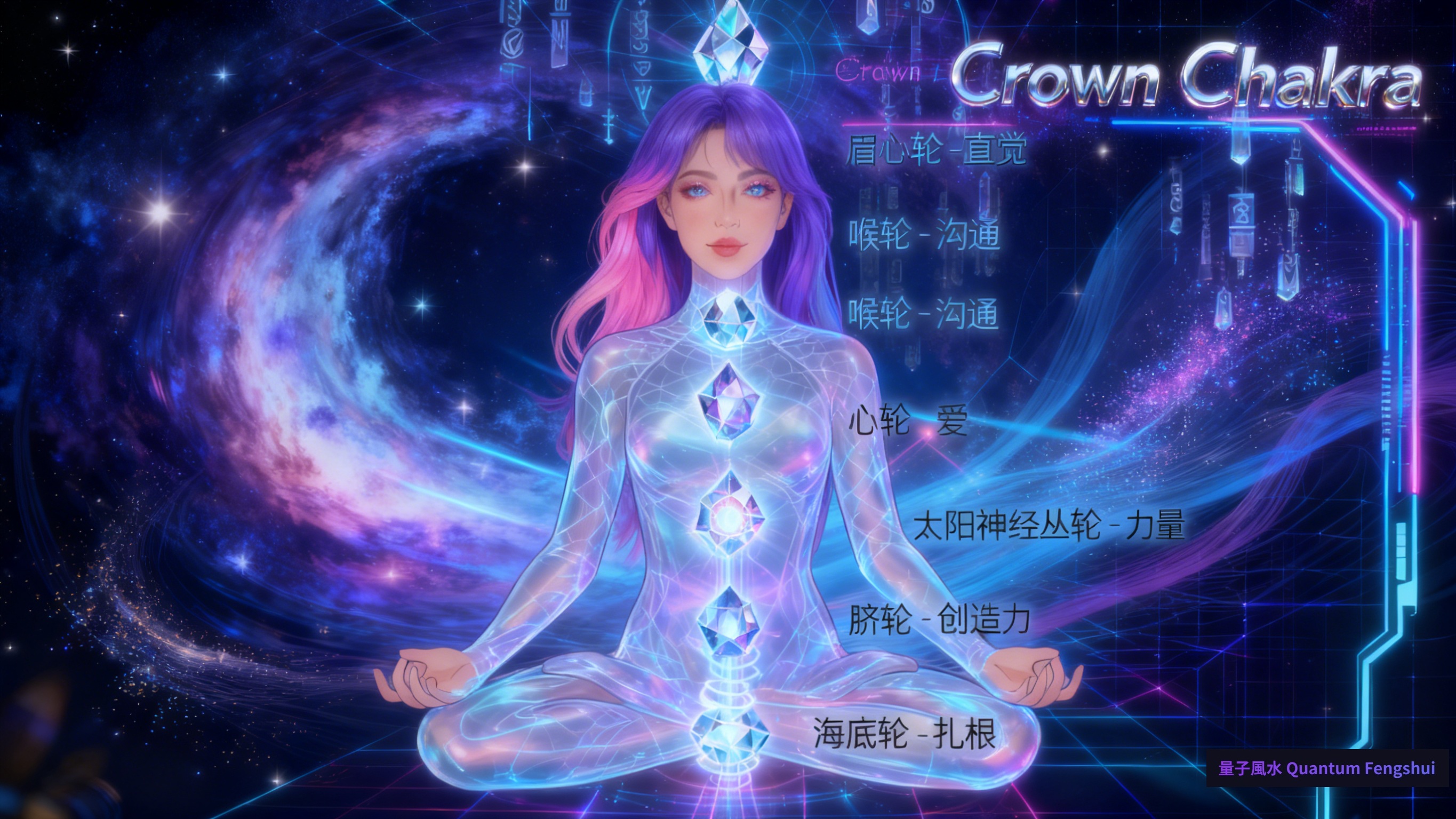 Meditation with seven chakras visualization - Person in lotus position with glowing energy centers: Crown, Third Eye, Throat, Heart, Solar Plexus, Sacral, Root chakras