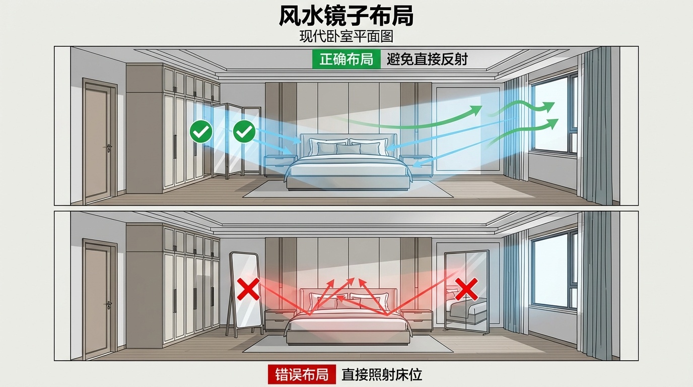 鏡子在風水中的量子反射原理 - 正確與錯誤的鏡面擺放位置示範