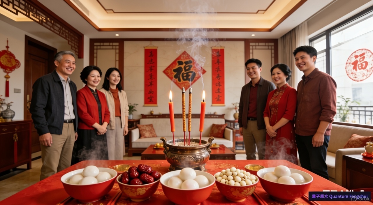 新屋入伙儀式現場，整潔的客廳佈置有風水吉祥物