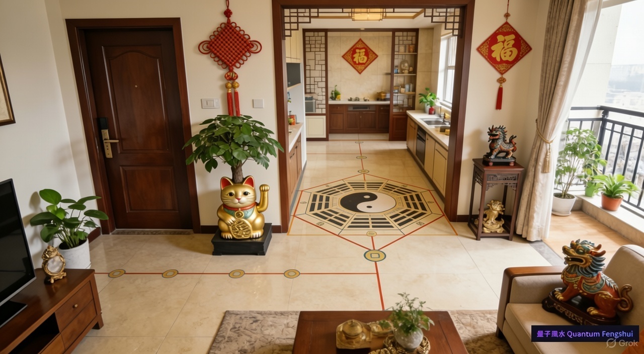 各種風水吉祥物擺設，包括貔貅、五帝錢、發財樹等