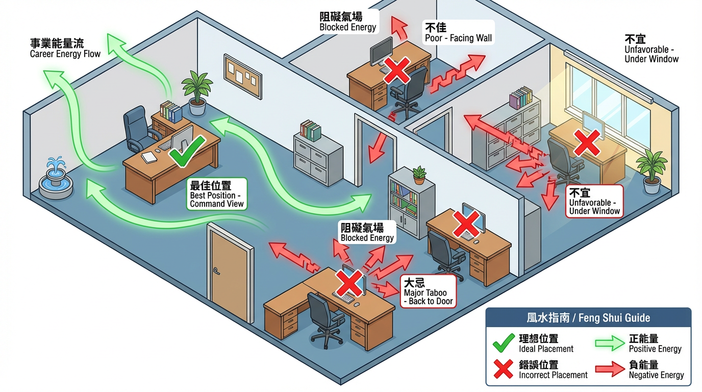 辦公室座位指揮位示意圖 - 最佳位置與禁忌位置對比