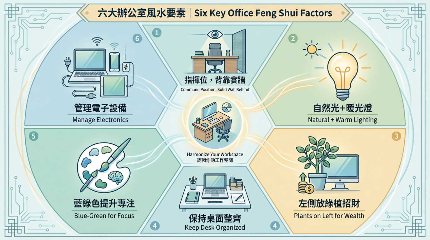 辦公室風水六大核心要素 - 座位位置、照明、綠植、整潔、色彩、電子設備