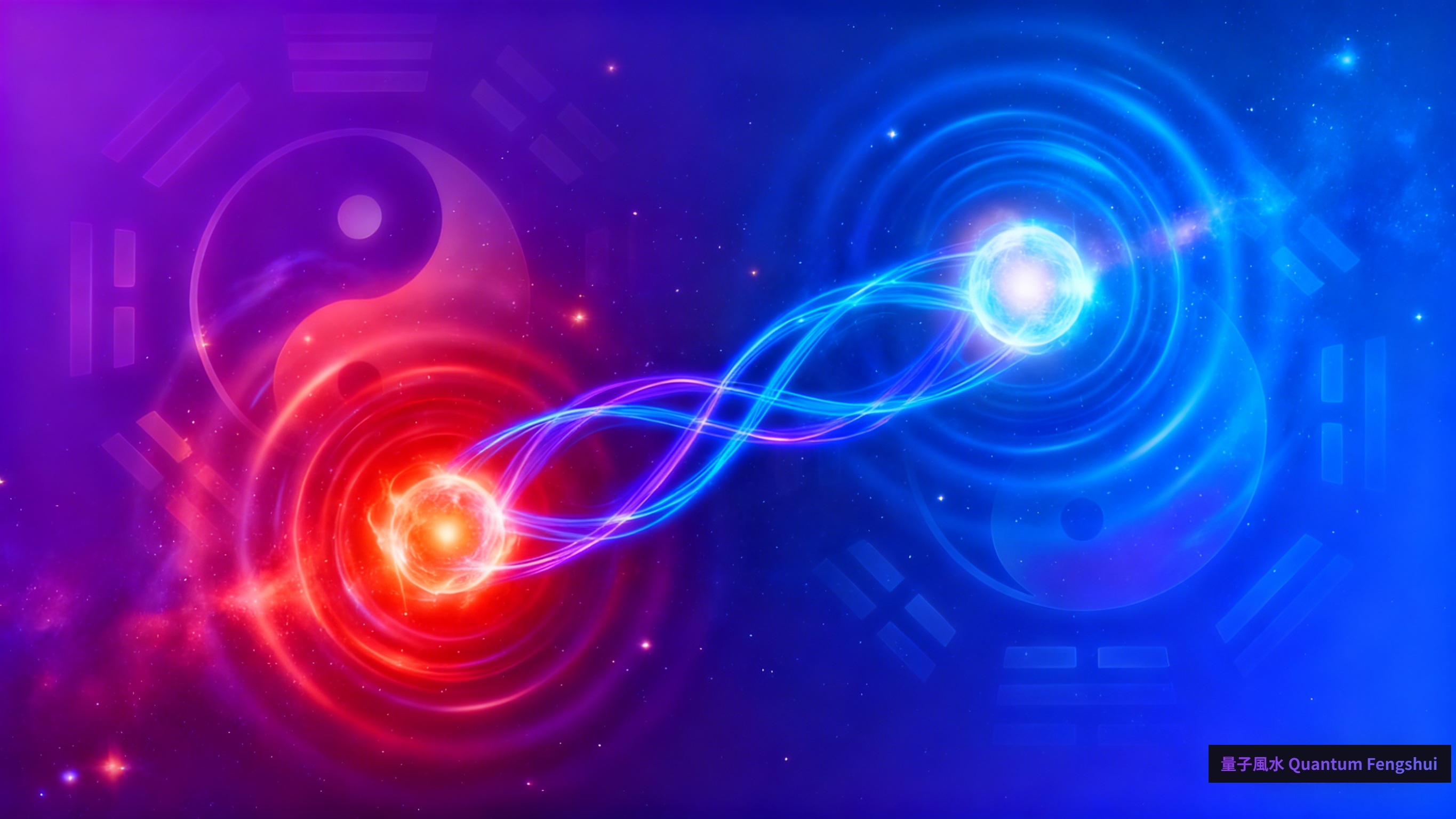 量子糾纏示意圖 - 兩個糾纏粒子在空間中瞬間相互影響，展示量子物理與風水能量場的相似性